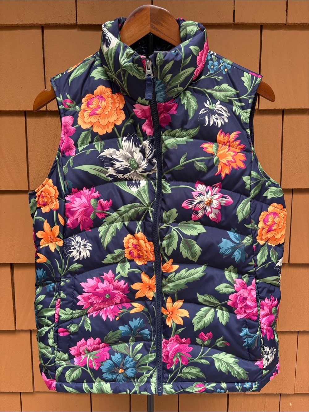 LANDS END | Navy Floral Quilted Down Grandmacore Puffer Vest | Size MP 10/12